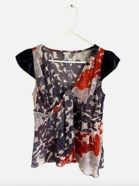 Anthropologie Odille 100% Silk Floral Twist Front Blouse Cap Sleeve Top Size 10